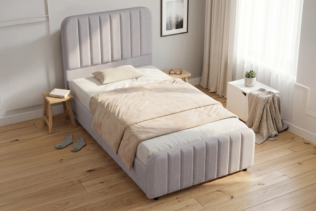 DESMIU Letto contenitore 1 posto 90 × 200 cm con sollevamento idraulico, 2 colli, senza materasso, in lino grigio