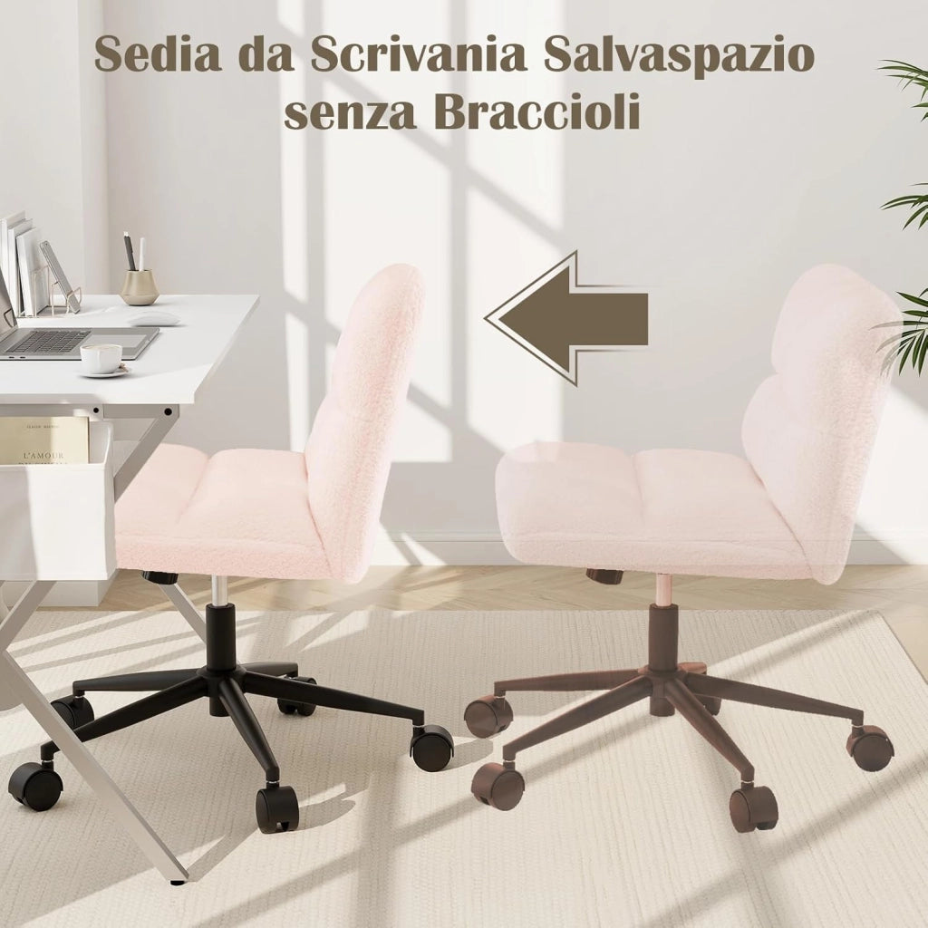 Sedia a Gambe Incrociate, Sedia da Ufficio con Ruote, con Seduta Riempita, Altezza Regolabile, Senza Braccioli, Portata 160 kg (Rosa)