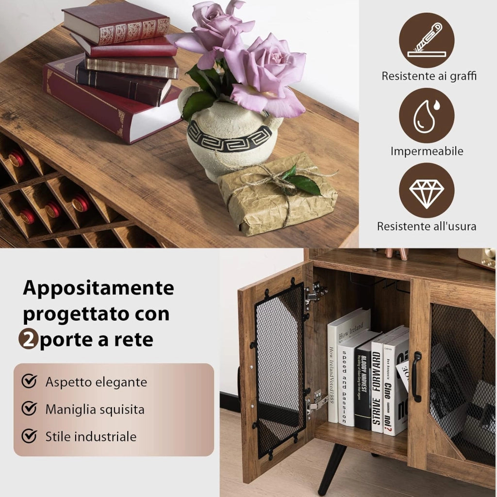 Cantinetta Portabottiglie in Legno, Credenza da Cucina con Portabottiglie Rimovibile, Portabicchiere e 2 Ante, Ideale per Cucina, Sala da Pranzo, Soggiorno