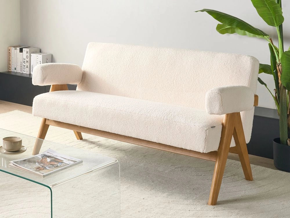 Divano a 2 posti Rivestimento in bouclé bianco sporco e marrone chiaro Design retrò Gambe in legno Soggiorno