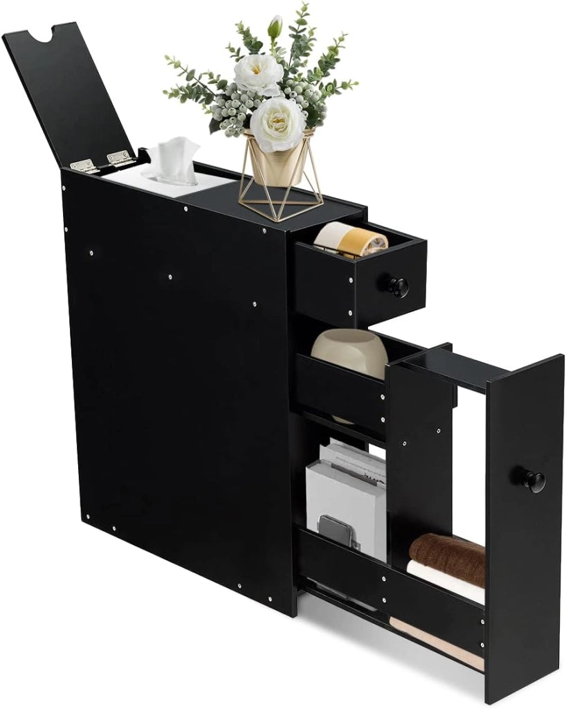 Mobiletto Bagno Sottile, Armadietto per Gabinetto da Terra, Legno, con Cassetti Scorrevoli, Multiuso e Salvaspazio, 16 x 48 x 58 cm (nero)