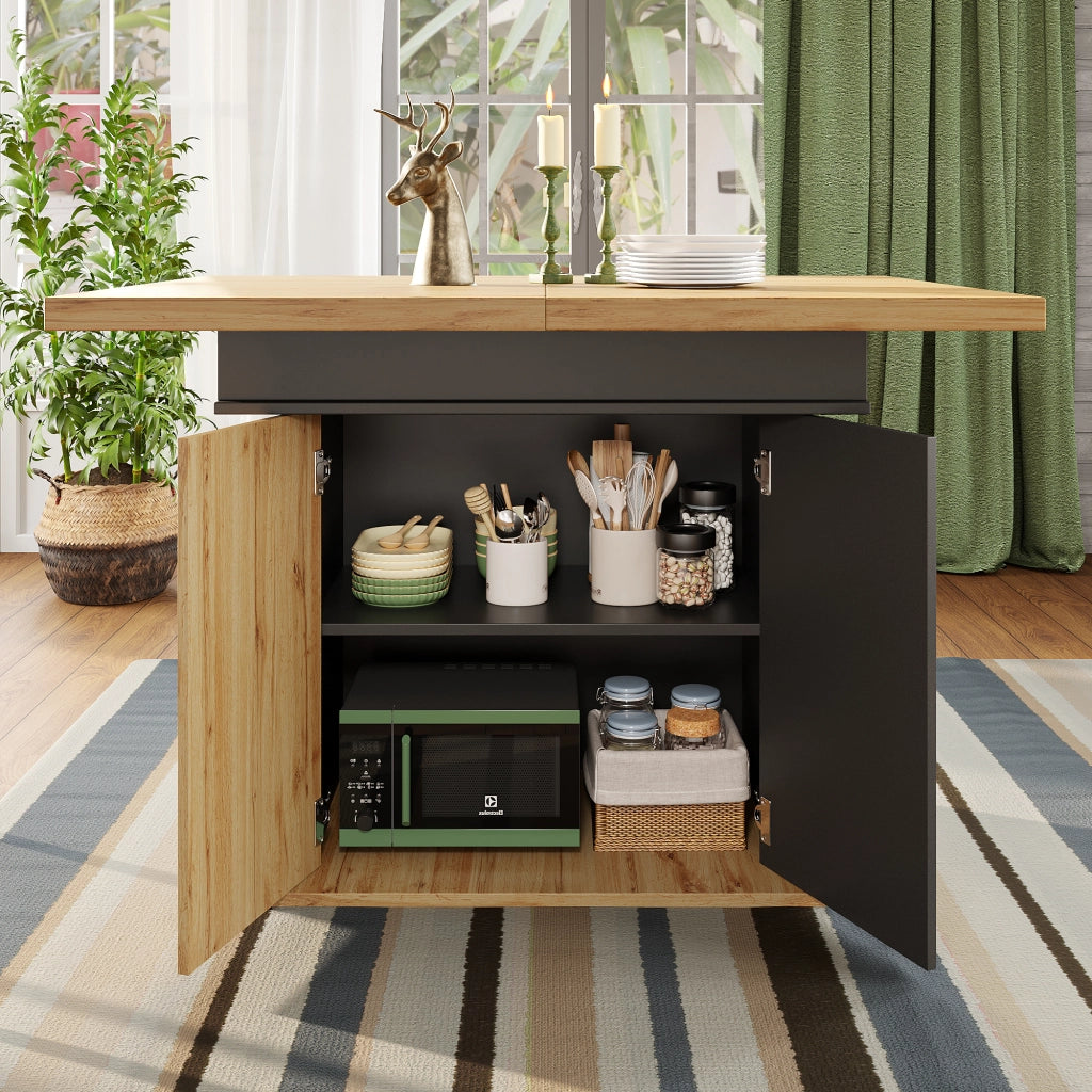 Tavolo allungabile con vano contenitore e ripiani regolabili, in MDF, nero e naturale, 110-140 × 80 × 75 cm