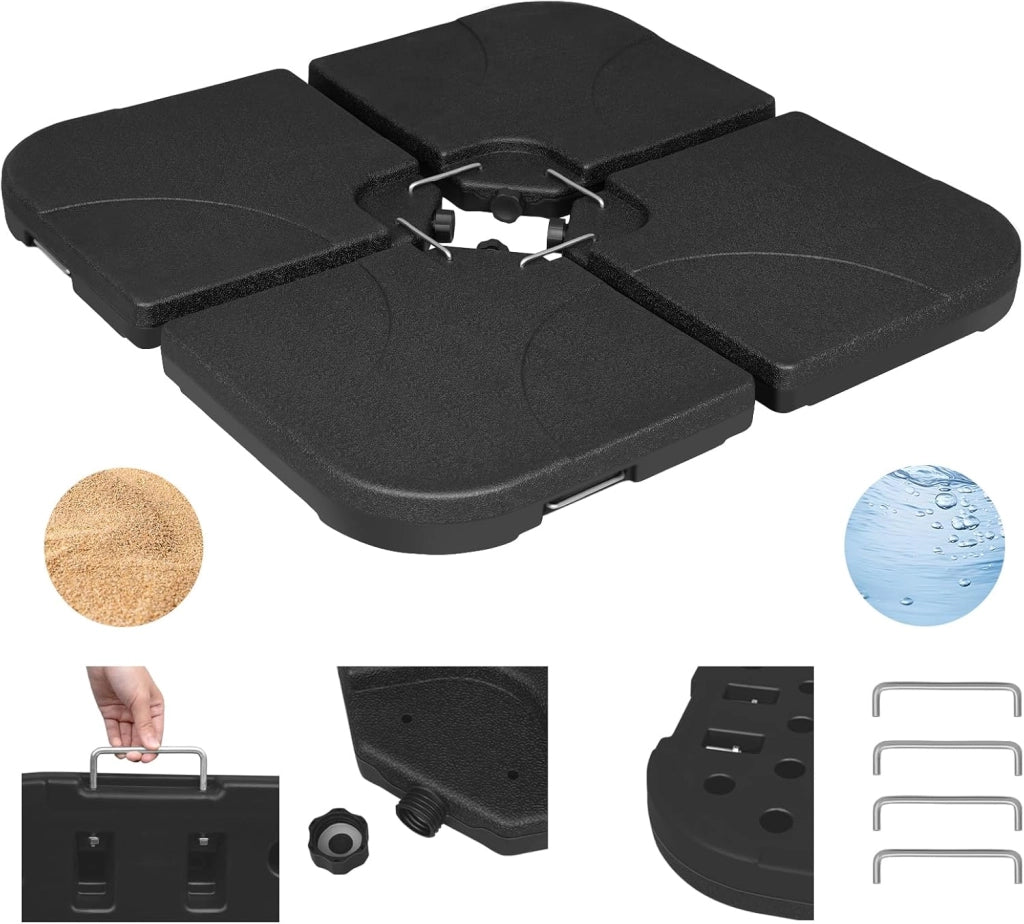 Base per Ombrellone, Supporto per Ombrellone in 4 Parti, a Croce a Terra, 60 L/80 kg, Riempibile con Acqua o Sabbia, con Connettori in Metallo, in Plastica, Quadrato, Nero