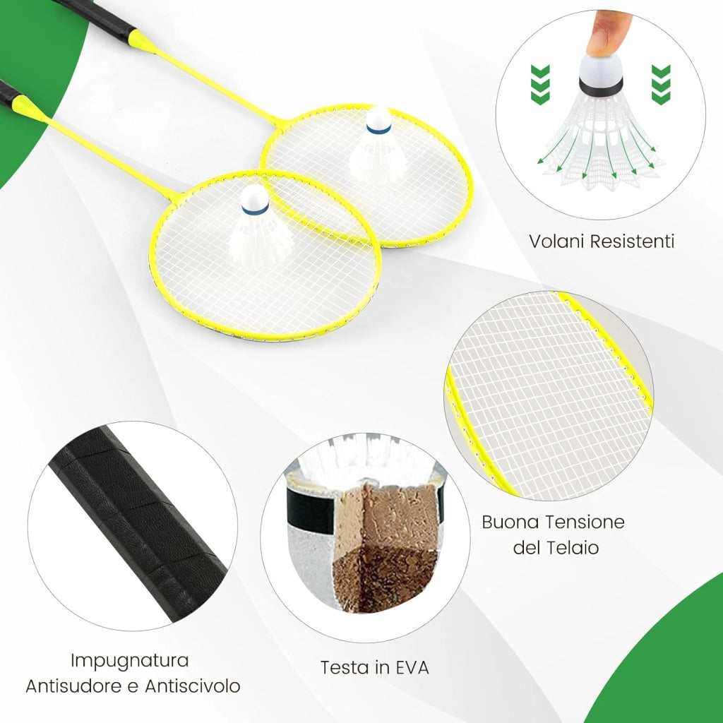 Set di Badminton con Rete, Racchette, 2 Volani e Scatola di Conservazione, Set di Badminton Portatile per 2 Giocatori da Esterno per Bambini, Ragazzi e Adulti