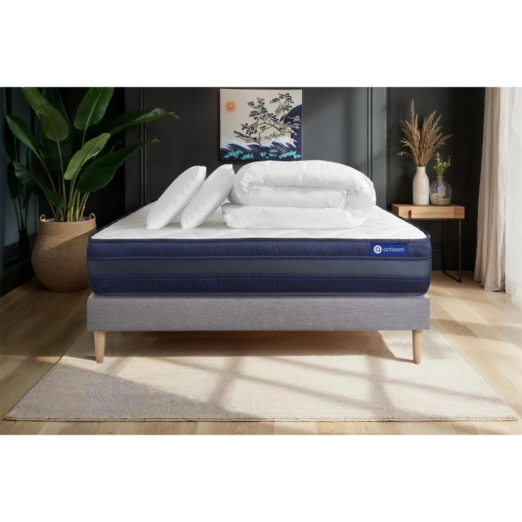 Pacchetto letto completo - Materasso 140x190cm + Box spring con doghe (kit) + 2 cuscini + Piumino - Actilatex Tech