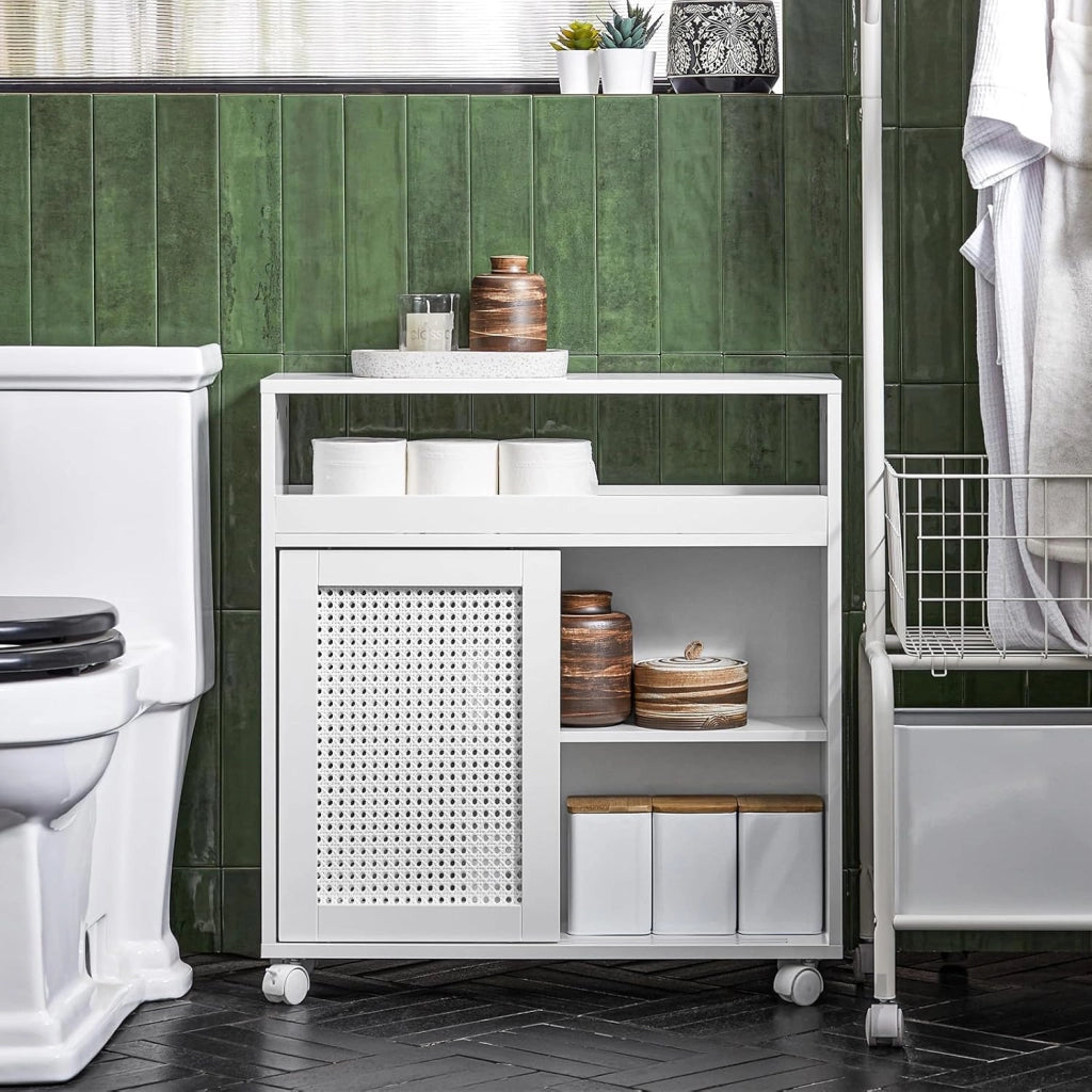 Armadio da Bagno Stretto con Ruote – Mobile Bagno salvaspazio – Contenitore per Carta Igienica in Legno, con Ripiani Regolabili, Bianco, 20x70x65cm, BZR119-W