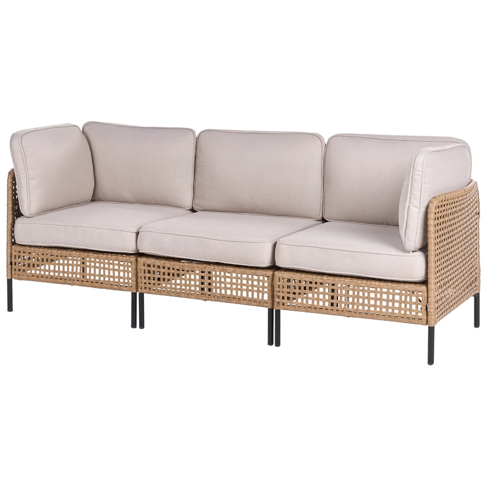 Set da giardino modulare in rattan PE beige chiaro a 6 posti con tavolino in vetro, struttura in metallo e cuscini, stile moderno