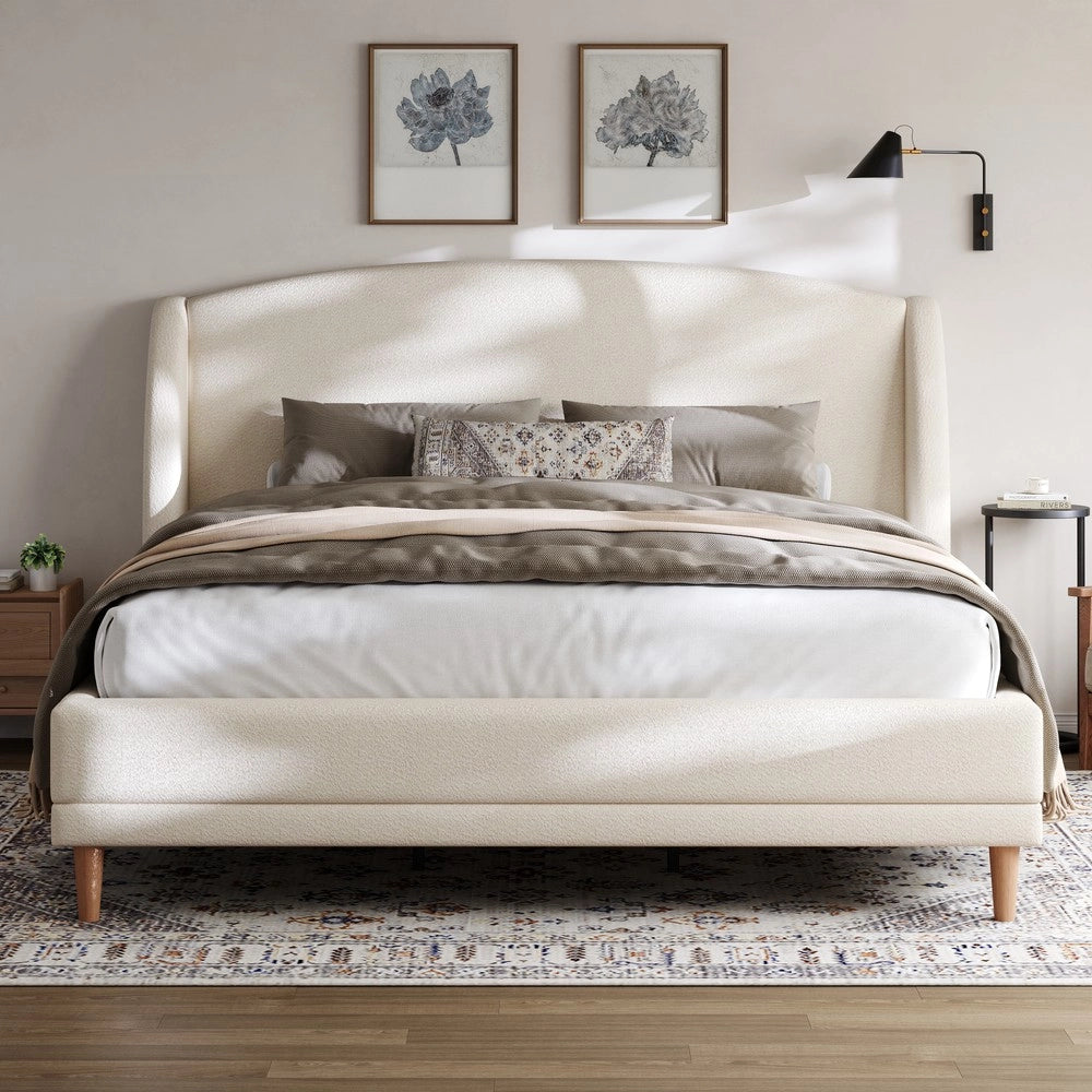 Letto Imbottito Boucl¨¦ con Testiera a Orecchie ¨C MINIMAL ¨C Bianco Avorio, 140x190, Doghe