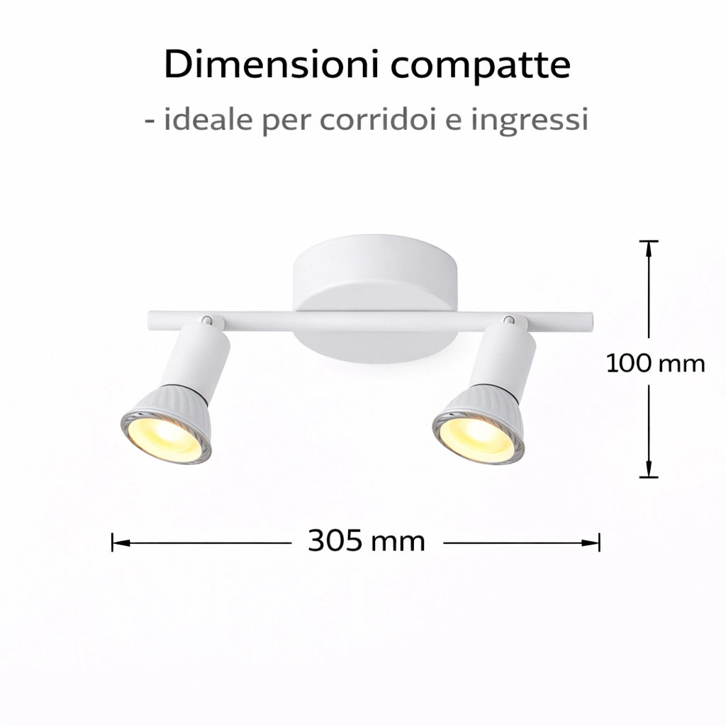 Faretto Soffitto 2 Luci GU10 Orientabili in Metallo, Plafoniera Spot Direzionabili, Lampada da Soffitto Moderna per Corridoio Cucina Soggiorno, Bianco, Lampadine Non Incluse