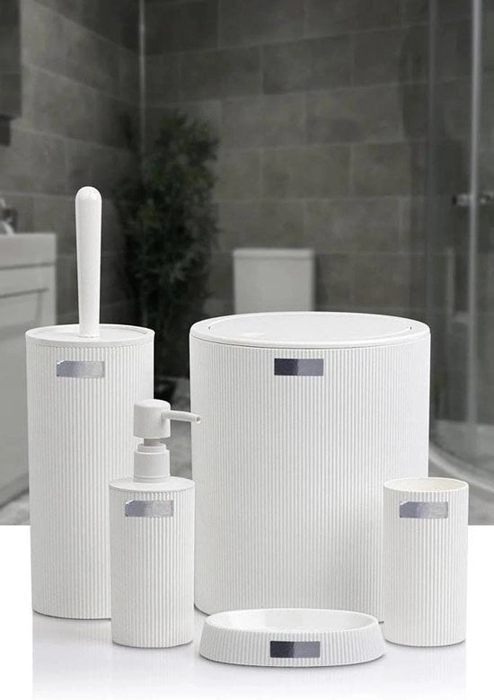 Accessori per la camera da bagno - set da bagno moderno e di lusso - contenitore per spazzola da denti, bicchiere, set di spazzola per il bagno, contenitore per lo shampoo, contenitore per lo sporco, dispenser per lo shampoo (bianco)