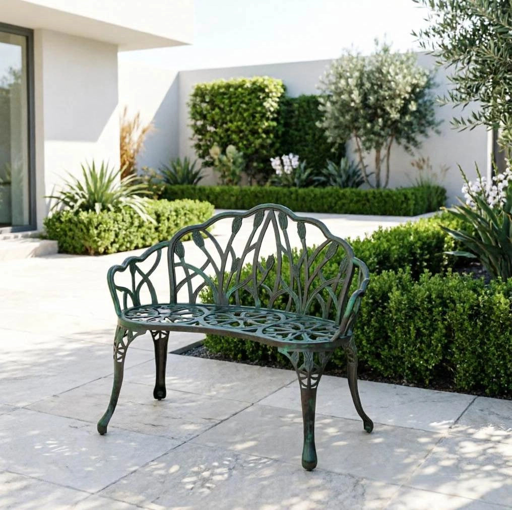 Panchina da giardino verde in alluminio pressofuso per 2 persone