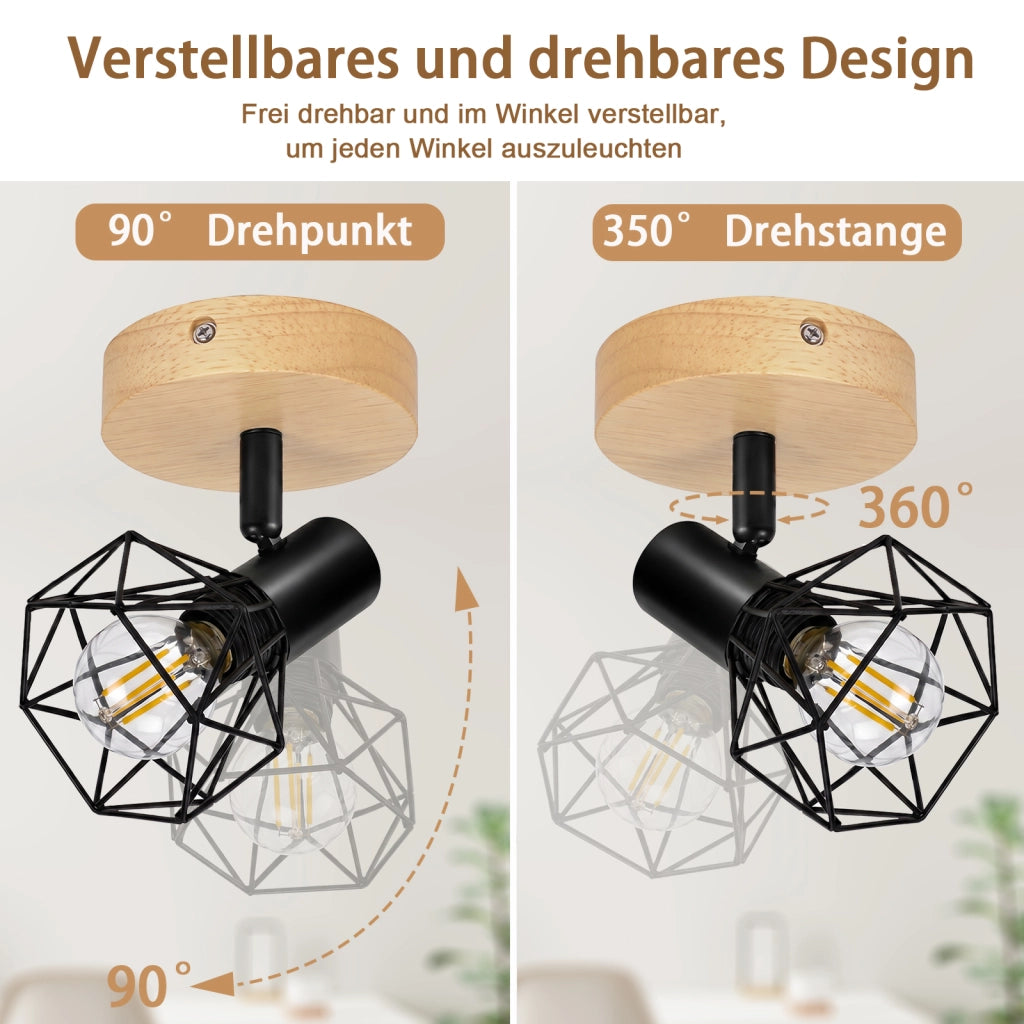 ZMH Faretto da soffitto 1 Luce Nero Legno E14 Vintage Industriale Orientabile 350¡ã per Cucina Camera Senza Lampadina