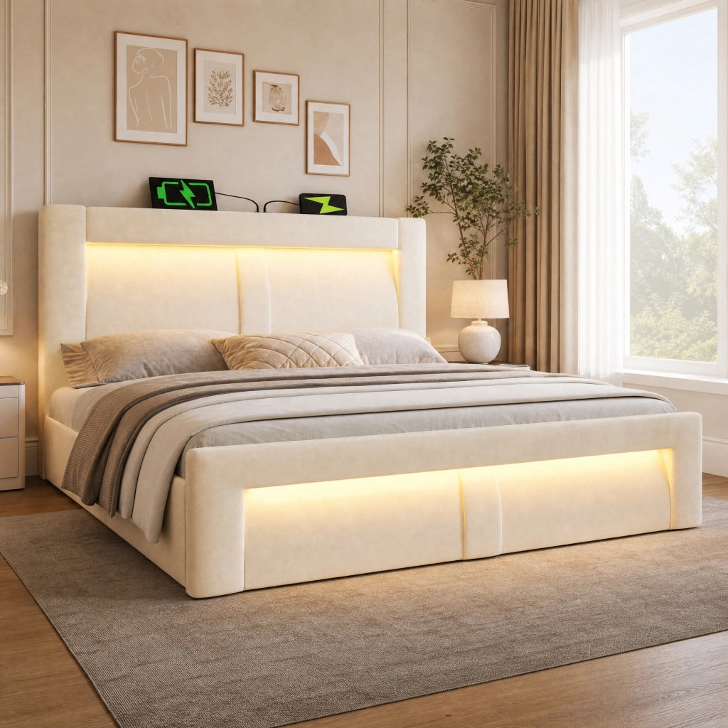 Letto matrimoniale 140x200 cm con contenitore, LED e porte USB, in velluto beige