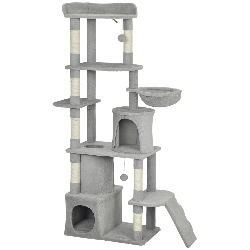 Albero Tiragraffi per Gatti 60x40x170 cm con 2 Casette Amaca Tunnel e Lettino Pali in Sisal Grigio