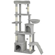 Albero Tiragraffi per Gatti 60x40x170 cm con 2 Casette Amaca Tunnel e Lettino Pali in Sisal Grigio