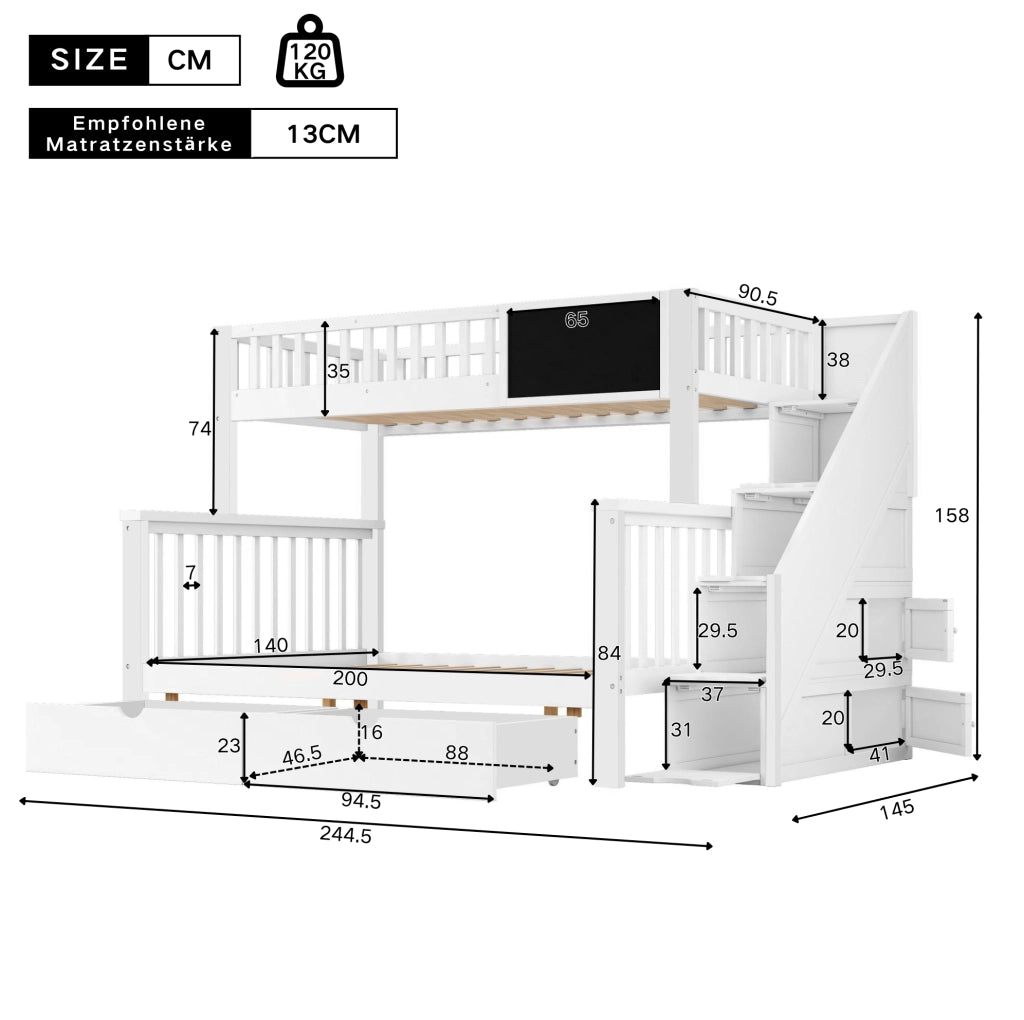 Letto a castello per bambini 90x200 e 140x200 cm con lavagna e cassetti bianco