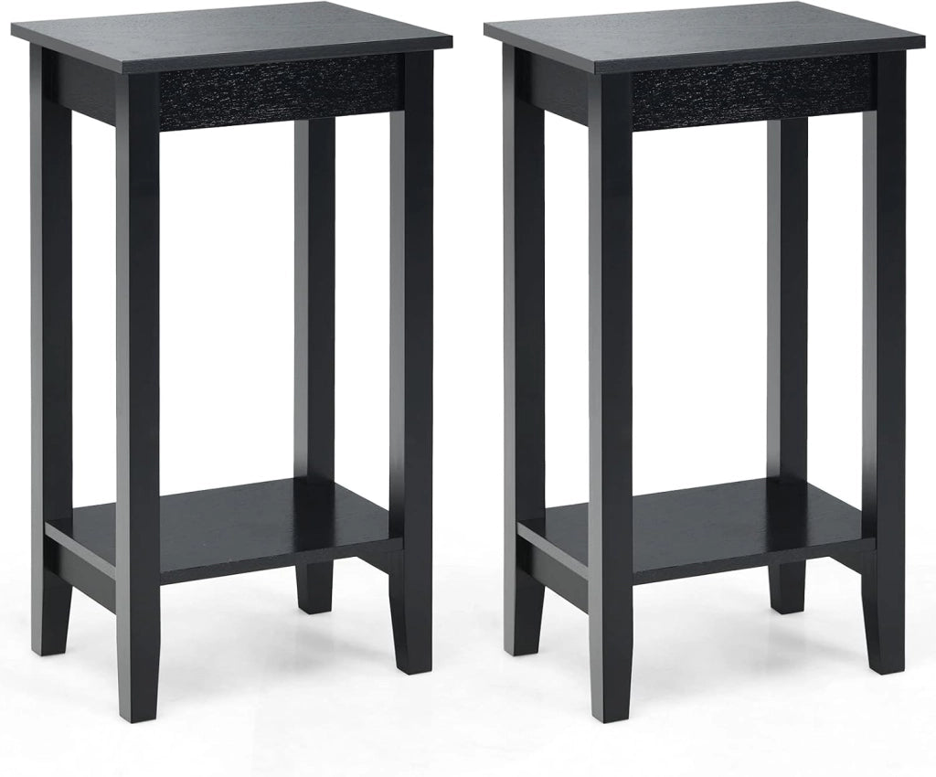 Tavolino da Salotto, Tavolino di Servizio con 2 Livelli e 4 Gambe in Solido Legno, Tavolino da Caffè Rettangolare Stretto per Salone e Camera da Letto, 39,6 x 29,6 x 73,5 cm (Nero)