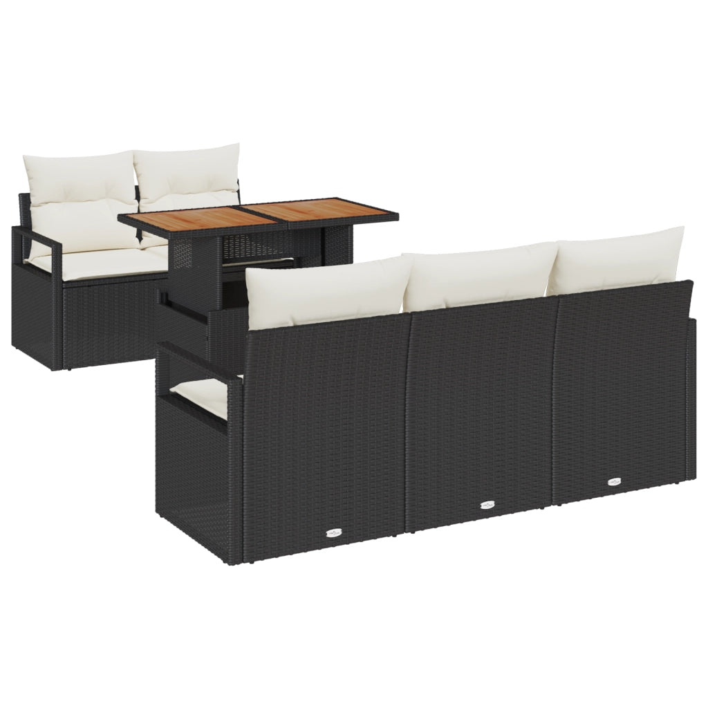 Set divani da giardino  6 pezzi con cuscini in polyrattan nero e acacia