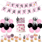 Decorazioni per Festa di Halloween e Compleanno - Drappo di Buon Compleanno con Fantasmi, Pipistrelli e Palloncini - Set di Decorazioni per Torta con Glitter per Festa di Halloween