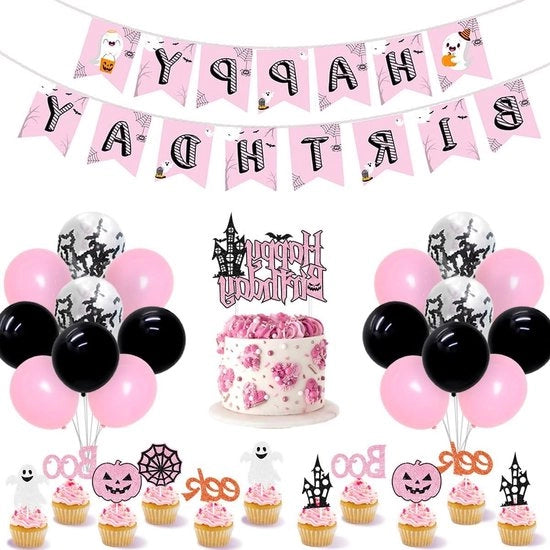 Decorazioni per Festa di Halloween e Compleanno - Drappo di Buon Compleanno con Fantasmi, Pipistrelli e Palloncini - Set di Decorazioni per Torta con Glitter per Festa di Halloween
