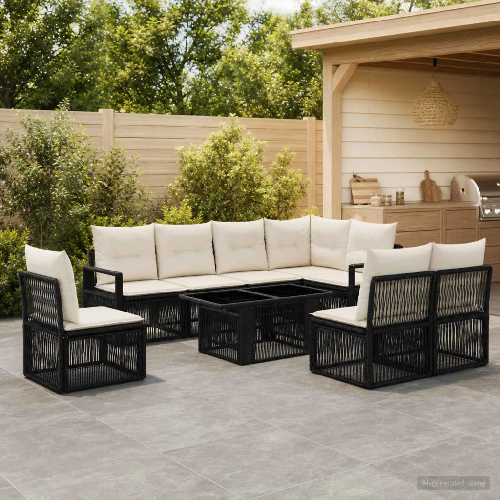 Set Divano da Giardino 9 pz Nero e Bianco Crema polyrattan 3437104