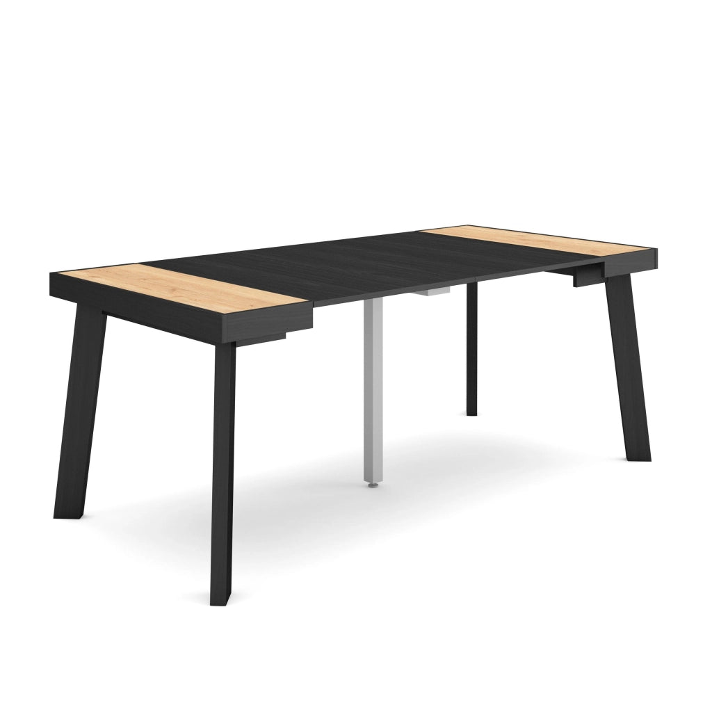 Consolle allungabile, 180x90x73cm, Per 8 persone, Gambe in legno, colore Rovere e nero RF3003