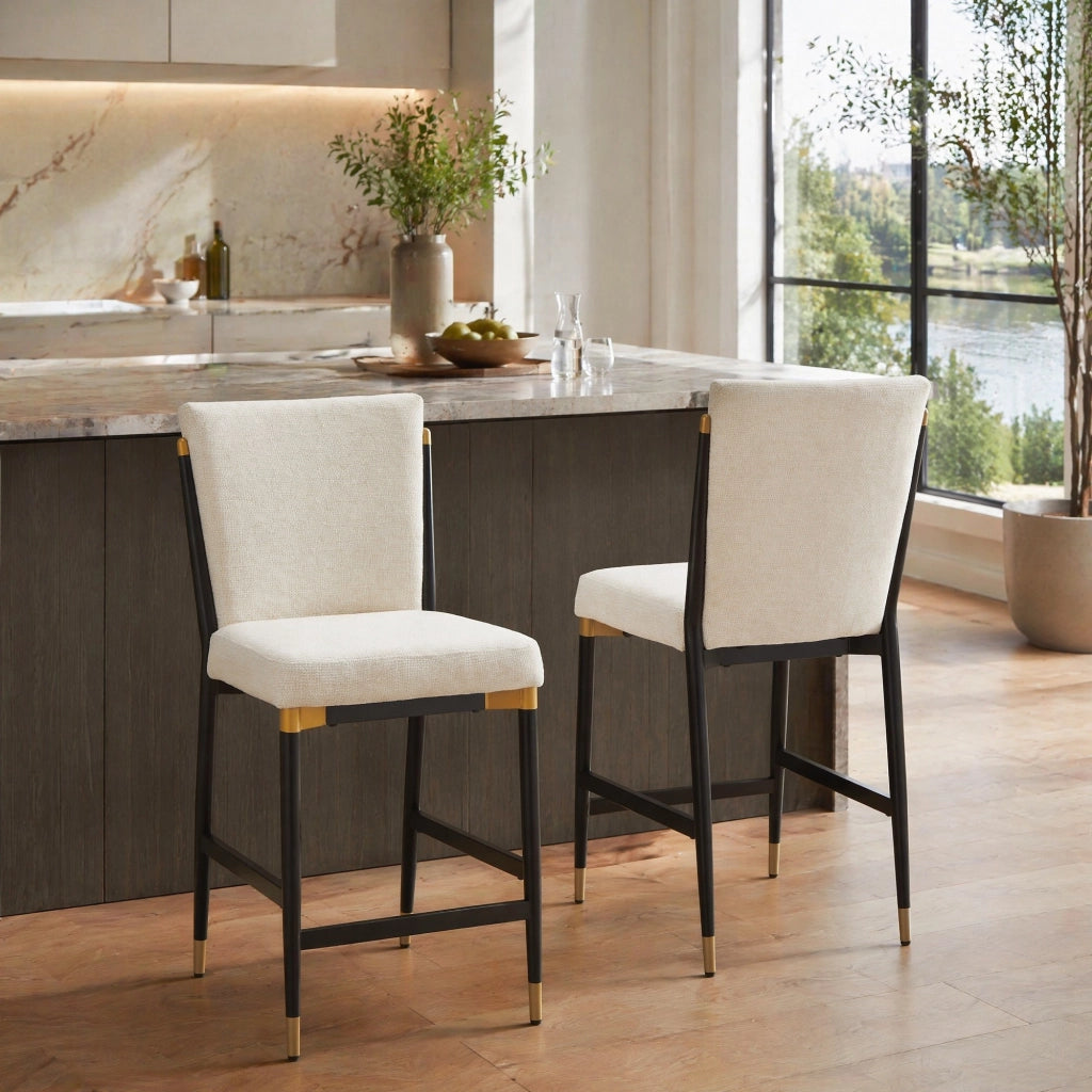 SGABELLO Set da 2 pezzi altezza bancone in tessuto beige con poggiapiedi rettangolare