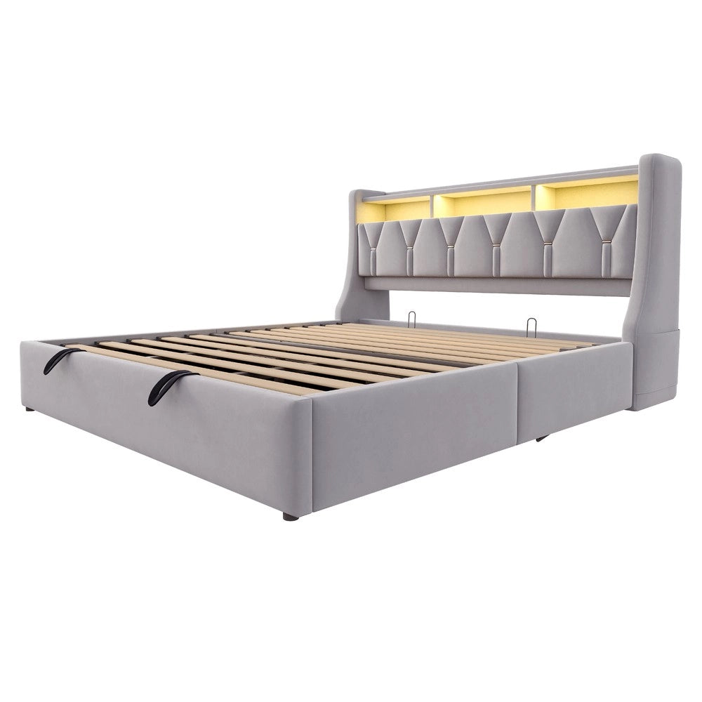 Letto Imbottito Contenitore 180x200 ¨C MINIMAL ¨C Velluto Grigio Chiaro, LED, Idraulico, Testiera con Presa