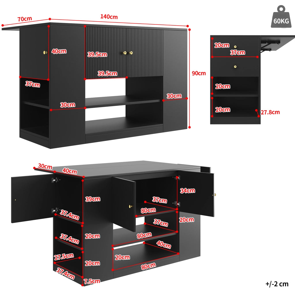 Isola da Cucina con 2 Ante 2 Cassetti e Ripiani Piano Ribaltabile in MDF 140 x 40 x 90 cm Nero