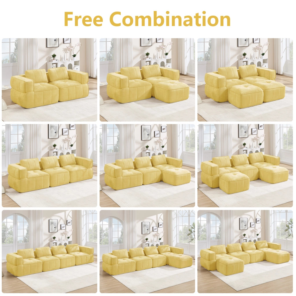 Divano modulare angolare 4 posti con pouf; 344x162x67 cm; in poliestere giallo