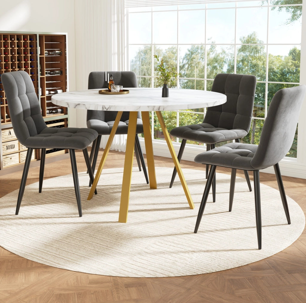 Set da pranzo 80x80x75 cm con 4 sedie; piano in MDF e gambe in ferro; bianco e oro