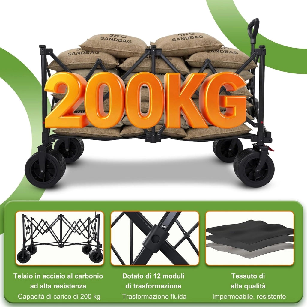 260L carrello spiaggia 200kg carrello con ruote portatutto grandi,carrellos pieghevole Con Braccioli Regolabili e Tasche Laterali per Giardino Campeggio all'aperto Ogni Tipo di Terreno, Nero