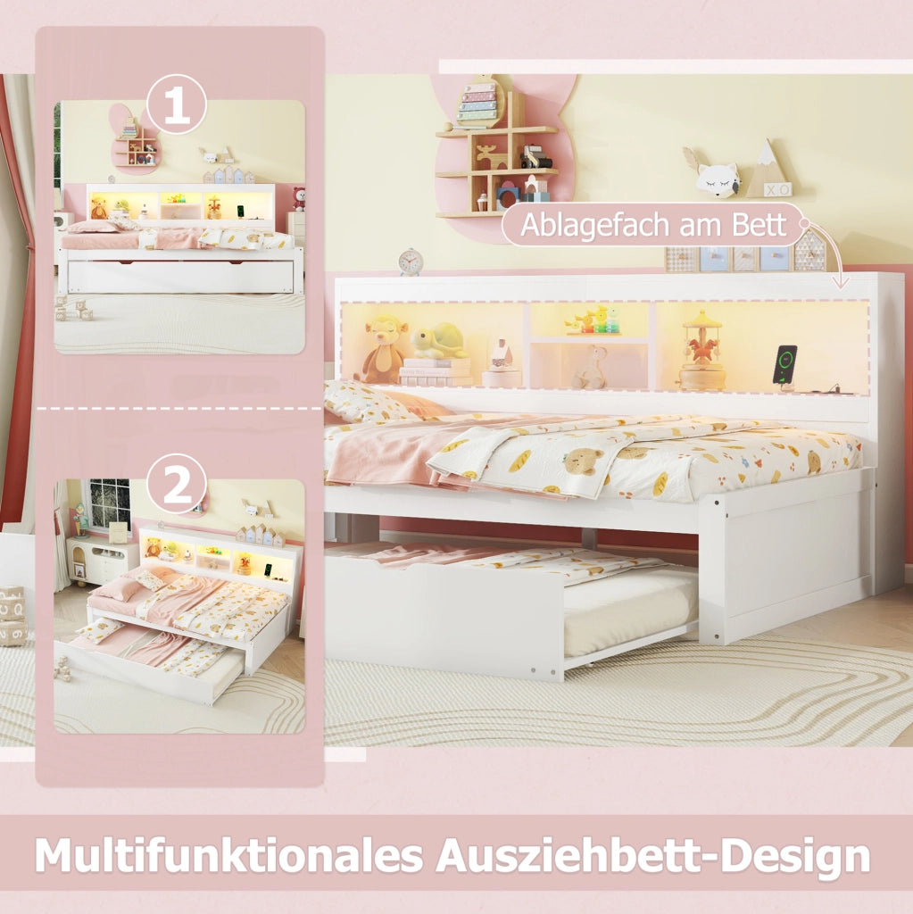 Letto singolo 90x200 cm con letto estraibile, LED e USB