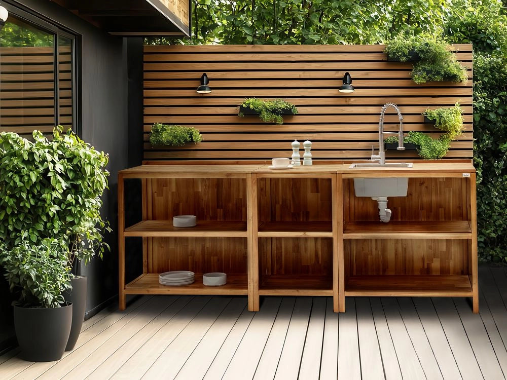 Set da cucina per esterni con lavello e rubinetto Legno di acacia marrone e argento Unità di scaffali in acciaio inox con piano Cucina da giardino da pranzo