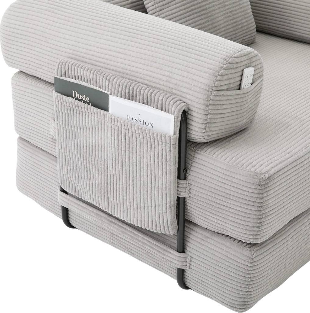Set divano modulare in velluto a coste grigio chiaro con pouf