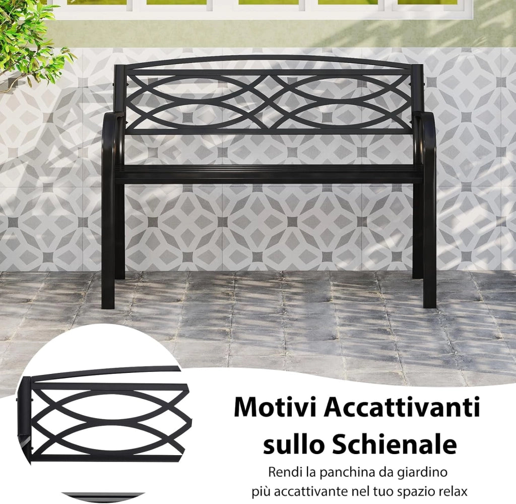 Panchina da Esterno 2-3 Posti, Panca in Metallo con Schienale Motivo Geometrico, Braccioli e Seduta a Doghe, Sedia Moderna per Parco, Cortile e Giardino