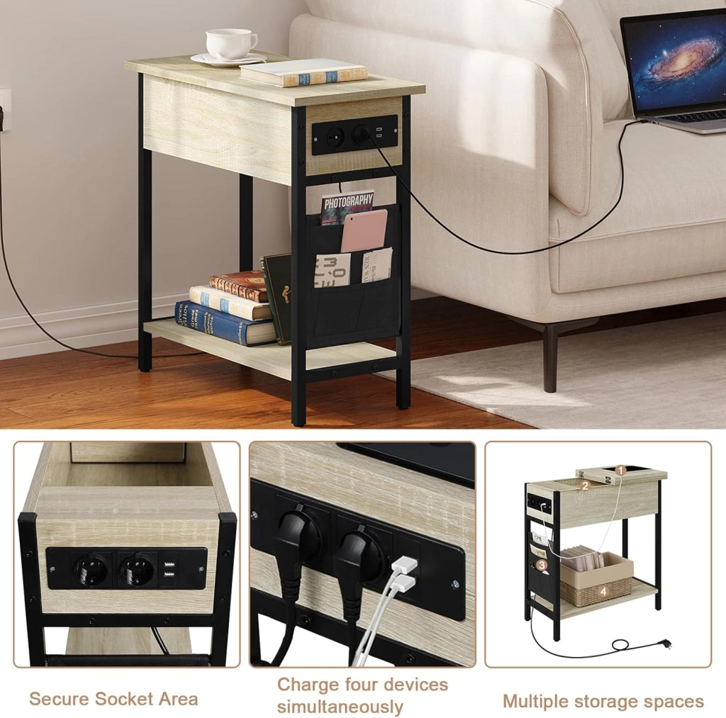 Tavolino da Salotto con Area di Ricarico, Tavolino da Divano Laterale, Comodino con Piano Ribaltabile, Scatola in Tessuto, 2 Prese e 2 Porta USB, Rovere Chiaro