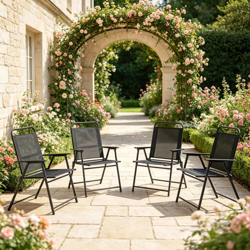 Set 4 sedie da giardino pieghevoli con braccioli; 65 x 60 x 94 cm; nero; in acciaio e Textilene