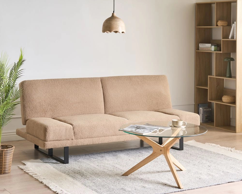 Divano Letto in Tessuto sabbia ciniglia con schienale reclinabile e struttura in legno stile moderno