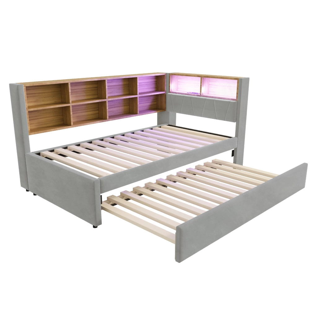 OKWISH Letto Divano 90×200 cm, Letto Singolo con Letto Estraibile 90×190 cm, LED, USB, Tipo C e Presa, senza Materasso, Grigio Chiaro
