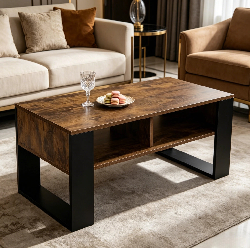 Tavolino da caffè 90 x 45 x 45 cm con 2 vani aperti; nero e marrone rustico