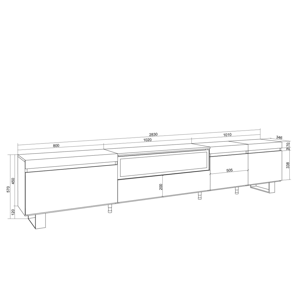 Mobile TV Soggiorno, 288x57x35 cm, TV di grande formato, Camino elettrico, Design industriale, Bianco e Rovere soft