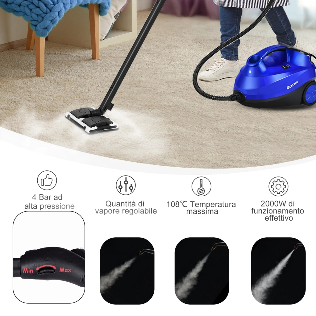 Pulitore a vapore con 19 accessori e serbatoio da 1,5 litri per pulizia tappeti, pavimenti, finestre 2000W Blu-Elettrodomestici pulizia