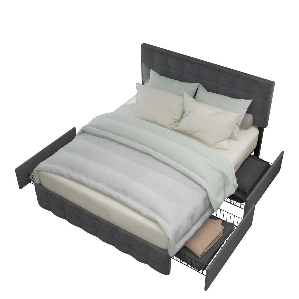 Letto matrimoniale in lino grigio 140x200 4 cassetti doghe testiera regolabile con materasso