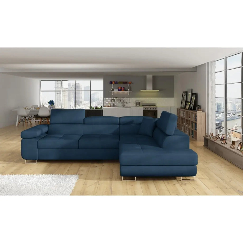 Divano angolare trasformabile MENTON blu scuro bouclé – Angolo destro con baule