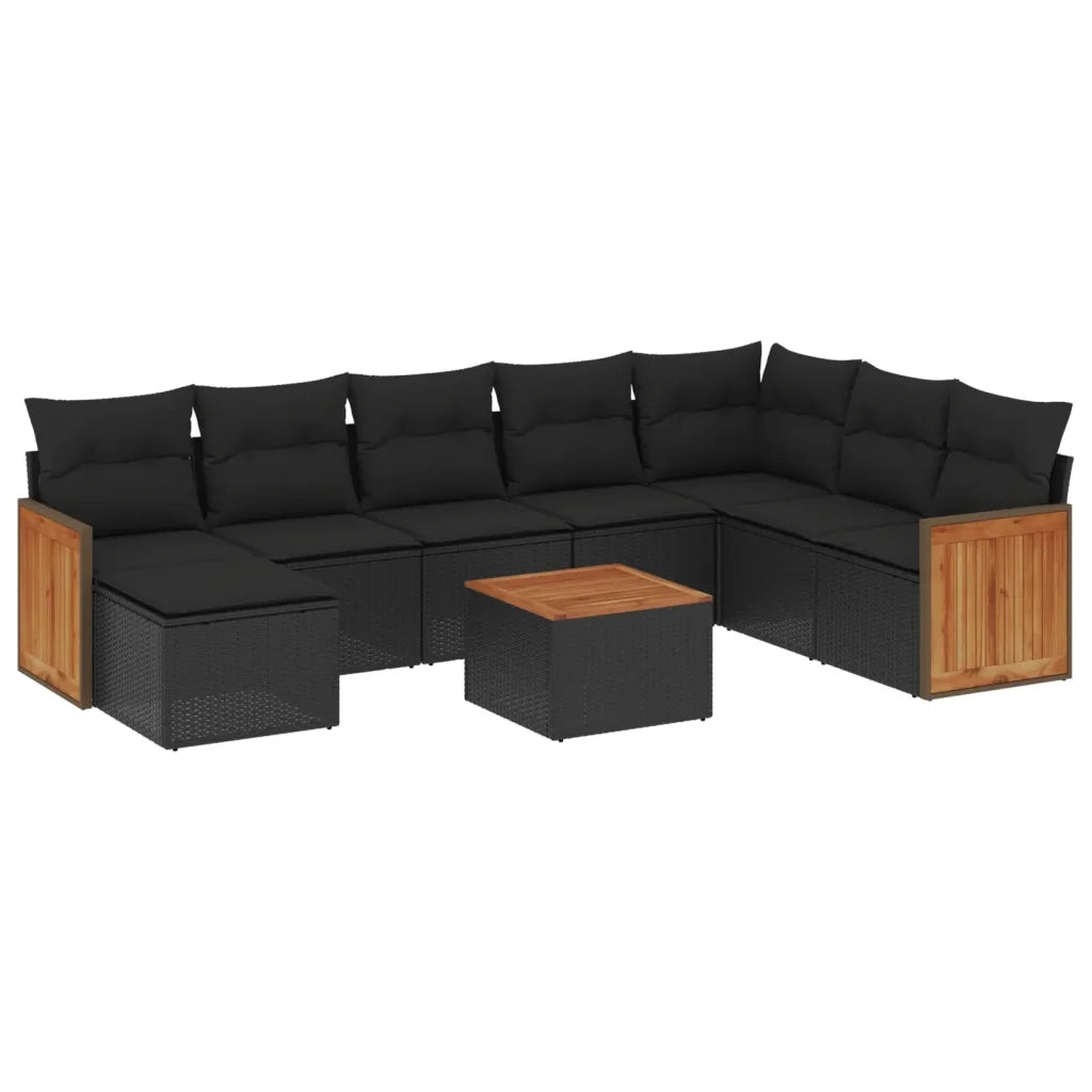 Set Divani da Giardino 9 pz con Cuscini Nero in Polyrattan