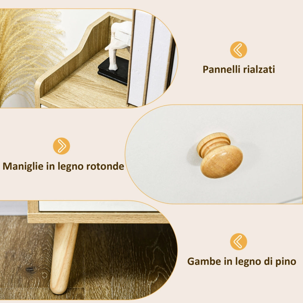 Credenza Moderna in Truciolato e Legno di Pino con 3 Cassetti e 2 Armadietti a 2 Livelli, 90x32x80A cm
