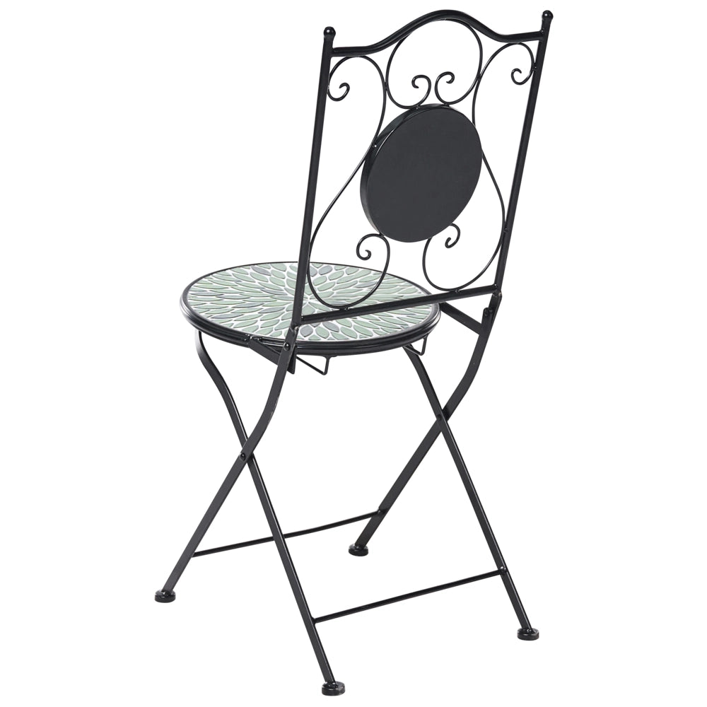 Set di 2 sedie da giardino in ferro nero con piastrelle rotonde in ceramica a mosaico stile ferro battuto pieghevoli