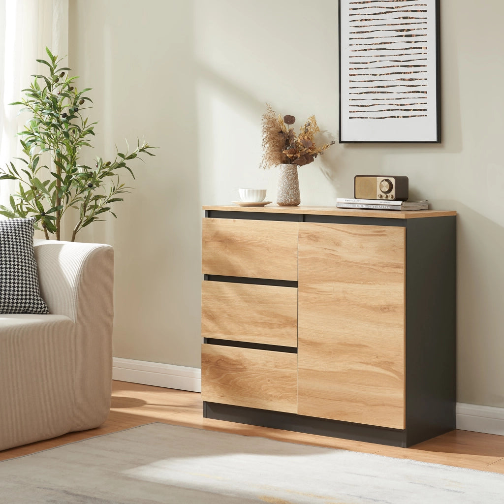 Credenza Mobile Contenitore Kyr Comò con Anta e 3 Cassetti 80 x 40 x 75 cm - Nero/Effetto Rovere Rustico [en.casa]