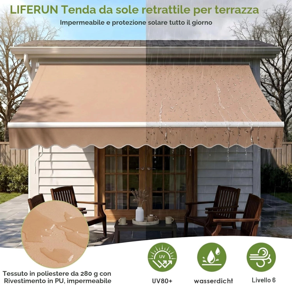 Tenda a bracci snodati 250 x 200 cm, UPF 50+ impermeabile, manovella & supporto a parete, Regolazione angolare 52-75°, Terrazzo & Balcone, Beige